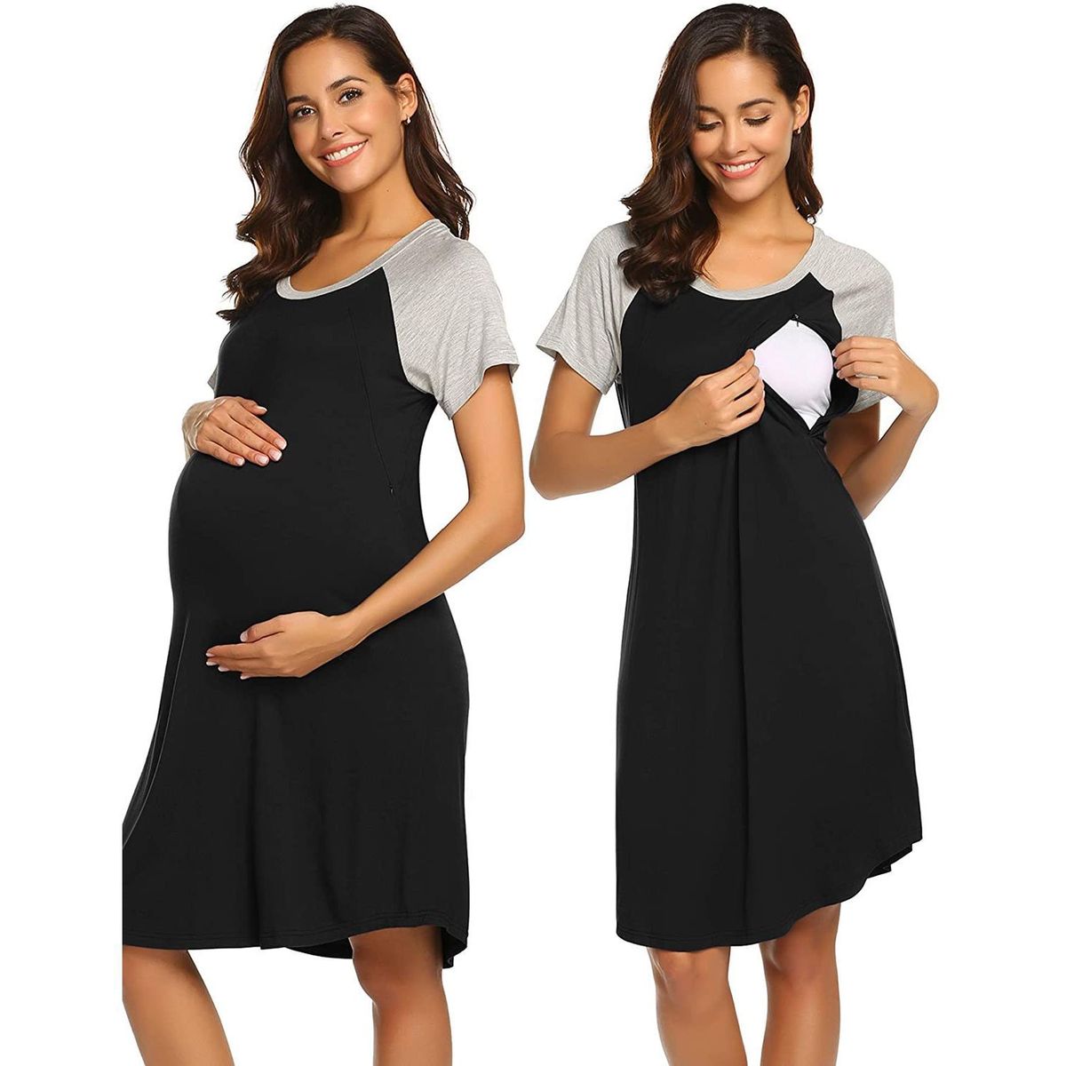 Vestido informal de manga corta con cuello redondo y costuras para embarazadas.