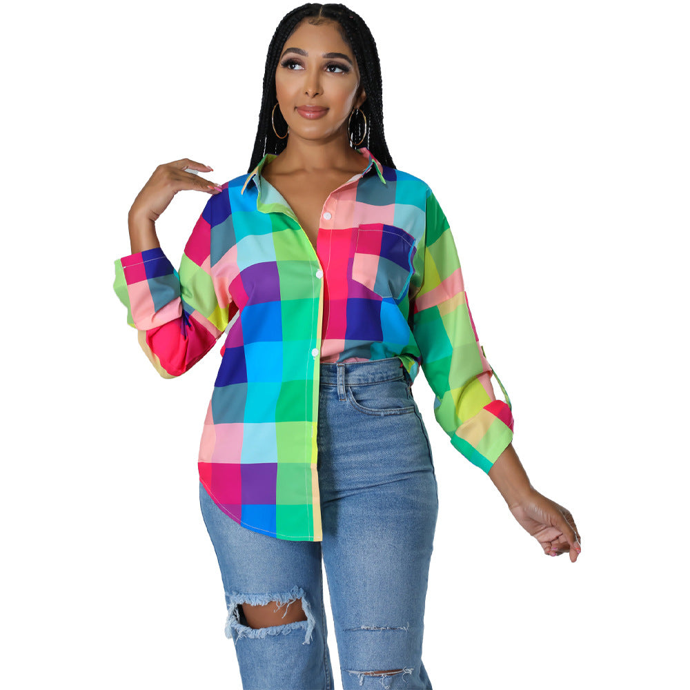 Blusa informal de verano para mujer, con solapa y manga larga, estampada a cuadros, para oficina