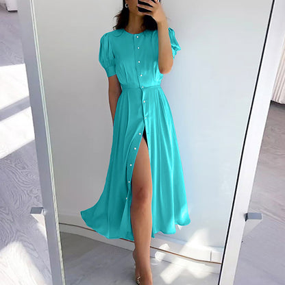 Women Casual Summer Vacation Solid Color High Waist Split Midi Short Sleeve Dress
