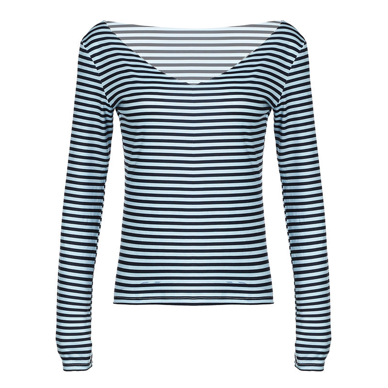 Camiseta informal de verano para mujer con cuello en V y estampado de rayas de manga larga