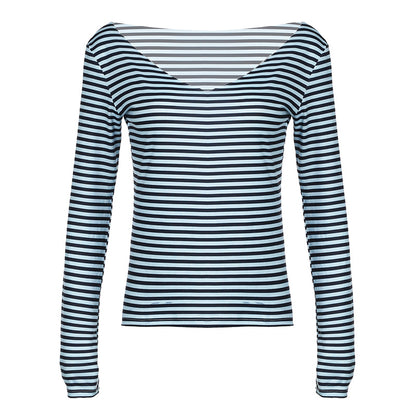 Camiseta informal de verano para mujer con cuello en V y estampado de rayas de manga larga