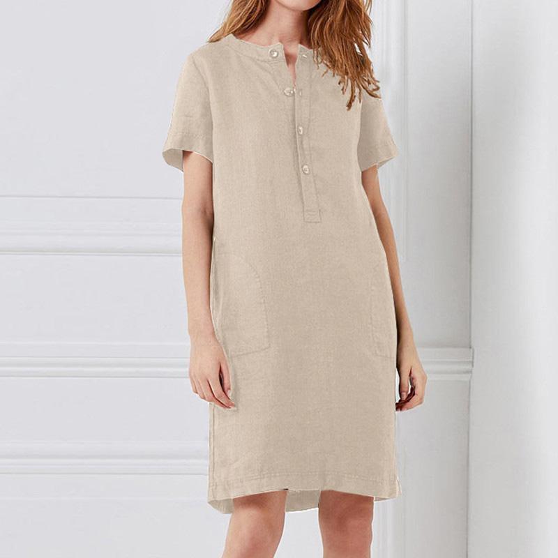 Cotton Linen Loose Short-Sleeved Mid-Length Women Solid Color Casual Dress