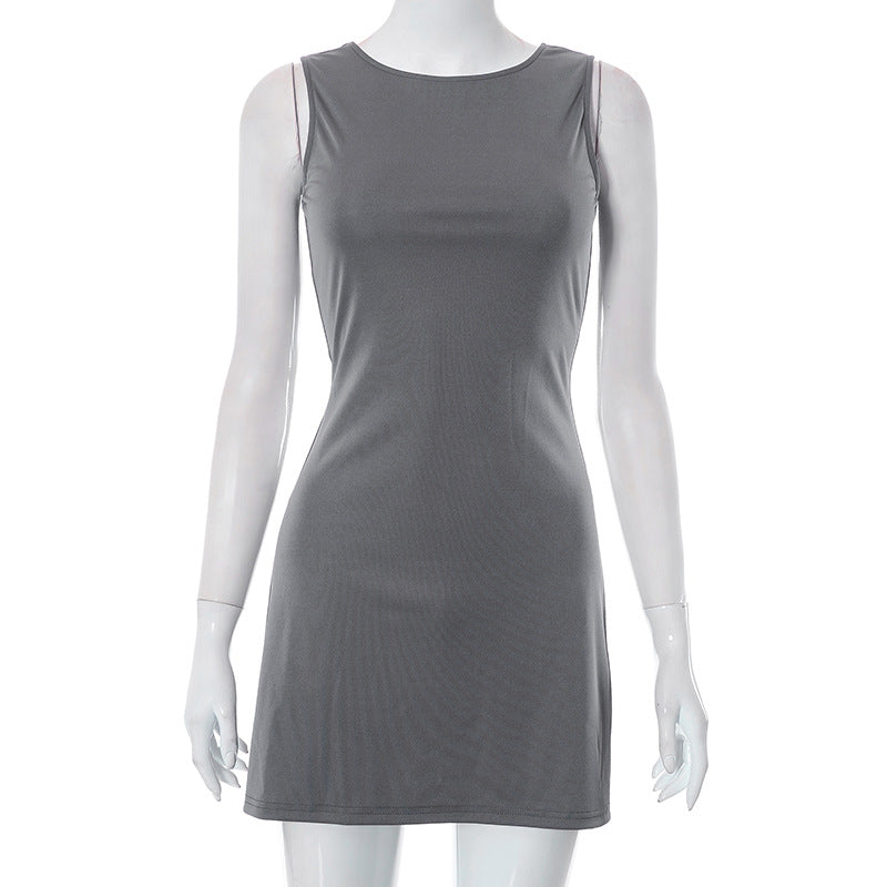 Vestido mini informal de verano para mujer, color liso, cuello redondo, sin mangas