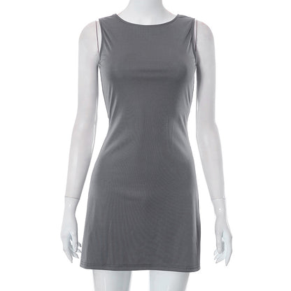 Vestido mini informal de verano para mujer, color liso, cuello redondo, sin mangas