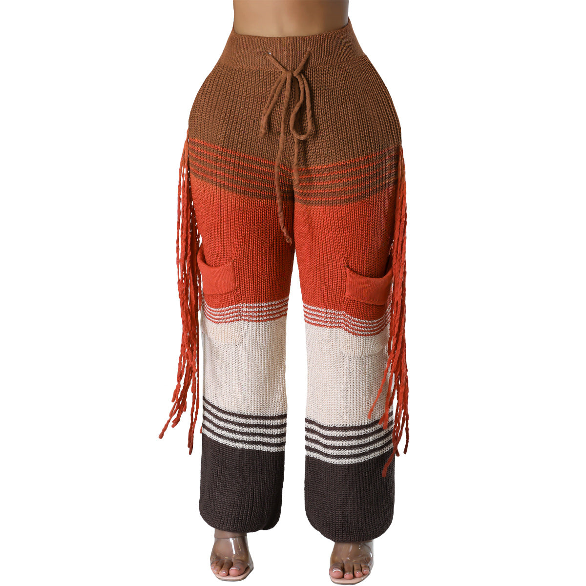 Pantalones rectos holgados con borlas y diseño de bloques de color para mujer, informales, de invierno