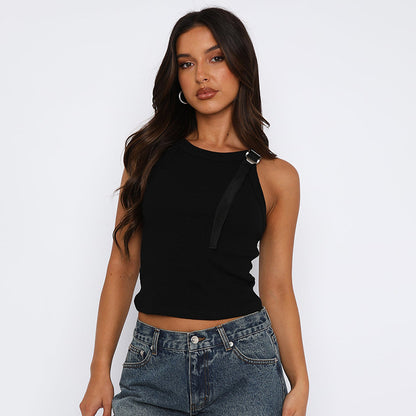 Women Fashion Casual Solid Color Belt Stitching Slim-Fit Tank Top
