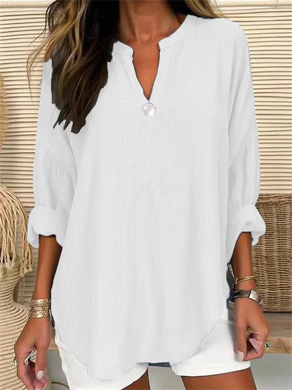 Blusa holgada informal de color liso con escote en V y un botón para mujer