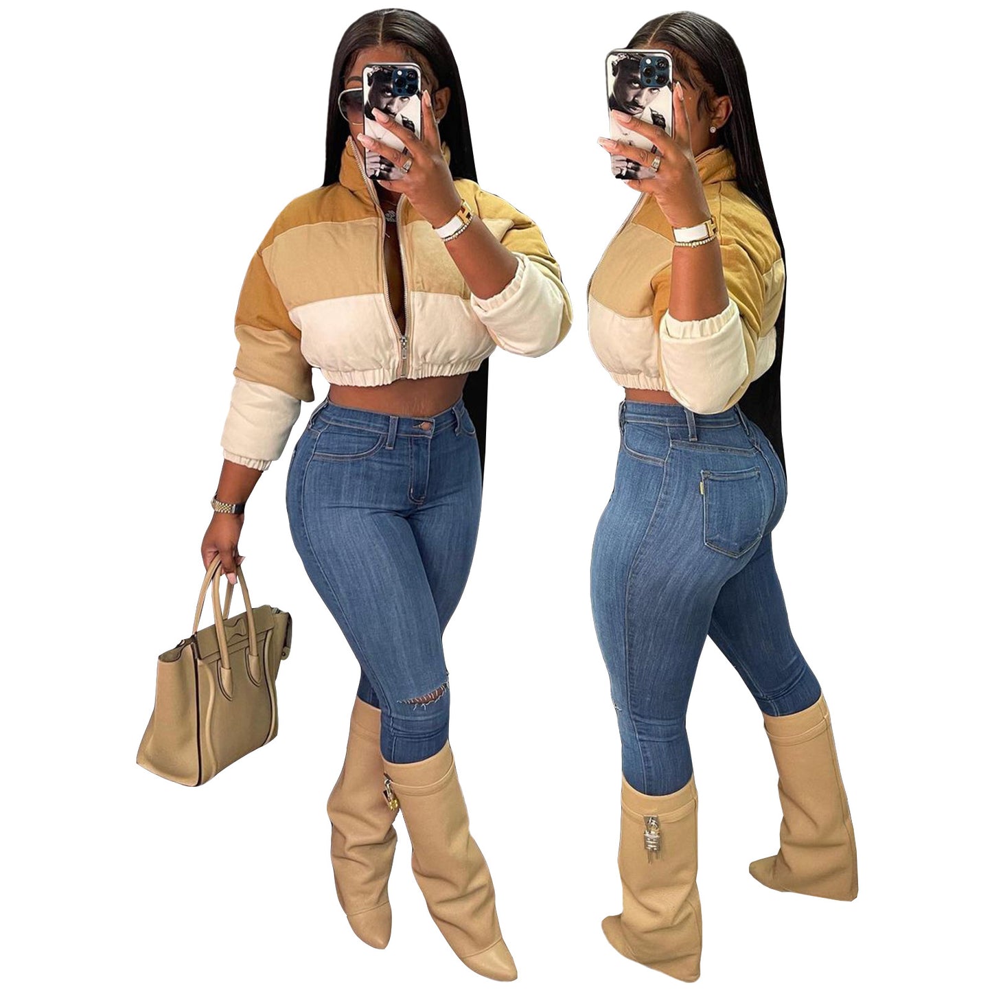 Autumn Winter Women Loose Casual Color-Matching Long-Sleeve Short Cotton-Padded Coat