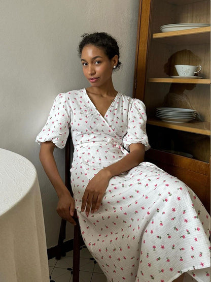 Women Fashion Casual Floral Printed V-Neck Puff Sleeve Lace-Up Dress