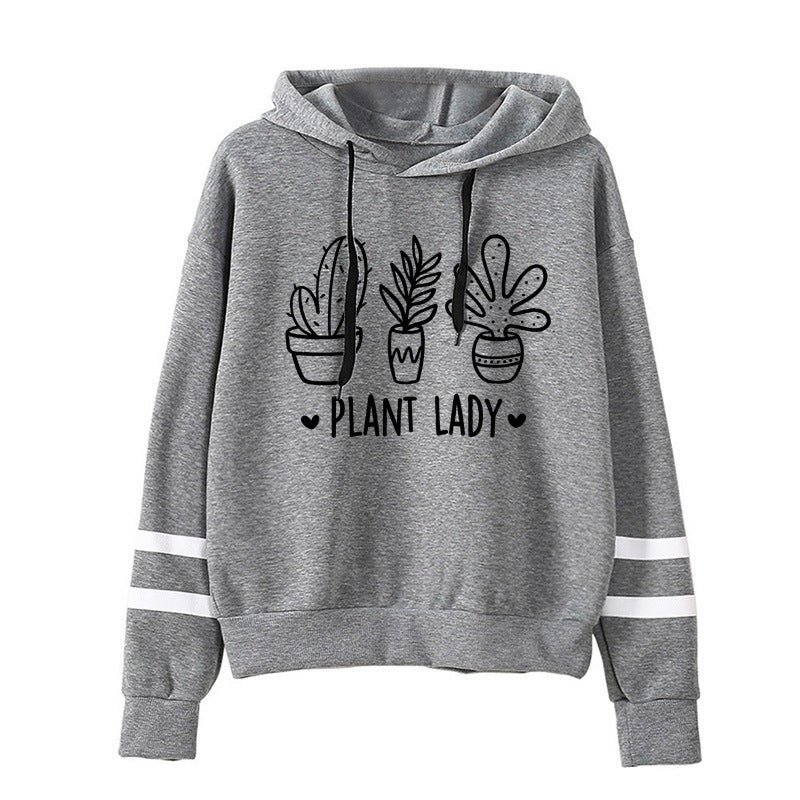 Sudadera con capucha holgada informal con estampado de cactus y barras paralelas para mujer