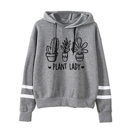 Sudadera con capucha holgada informal con estampado de cactus y barras paralelas para mujer