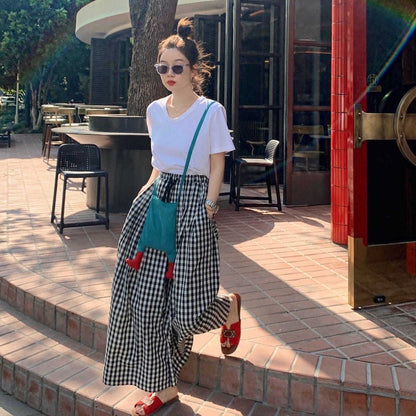 Pantalones casuales holgados de cintura alta elásticos con estampado de cuadros sencillos de verano para mujer