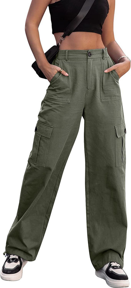 Summer Casual Women Plus Size Button High Waist Wide Leg Cargo Pants