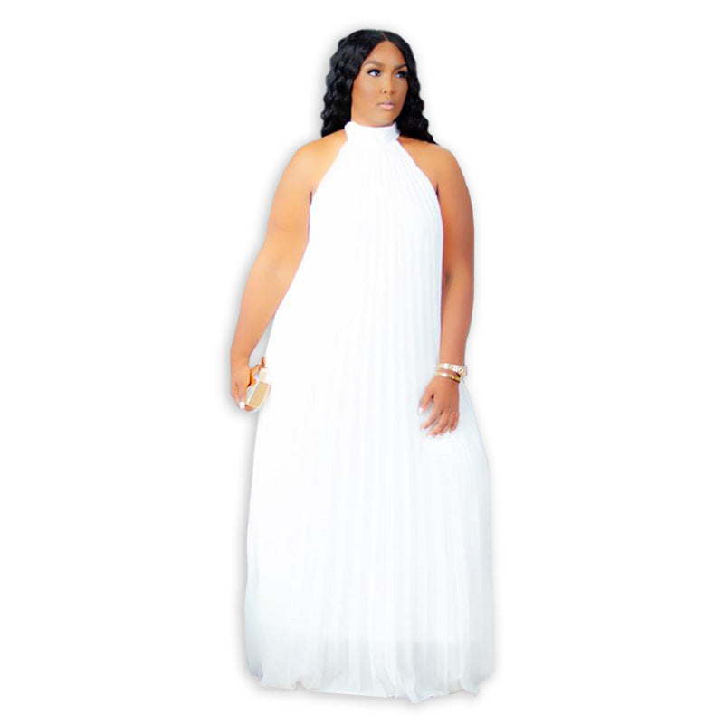 Women Fashion Casual Solid Color Pleated Sleeveless Plus Size Dress