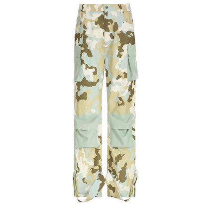 Women Casual Street Camouflage Printed Pocket Stitching Color Contrast Straight Foot Cargo Pants