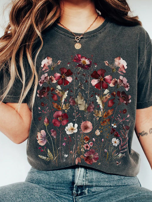 Camiseta informal holgada de manga corta con estampado floral de mariposas para mujer