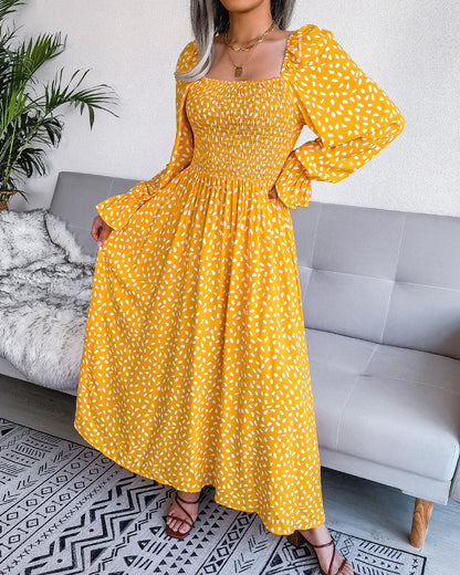 Women Fashion Casual Vacation Beach Dot Print Square Collar Long Sleeve Maxi Dress