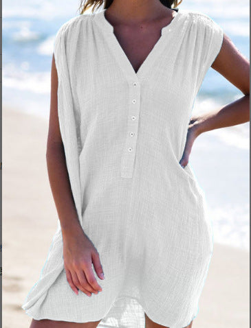 Summer Women Solid Color Fashion Casual V-Neck Button Sleeveless Dress