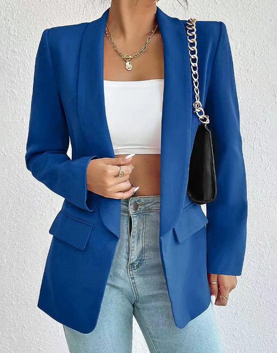 Chaqueta blazer informal de manga larga con solapa de color liso para mujer