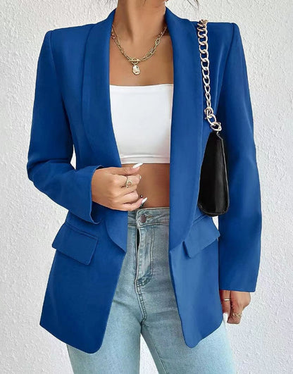 Chaqueta blazer informal de manga larga con solapa de color liso para mujer