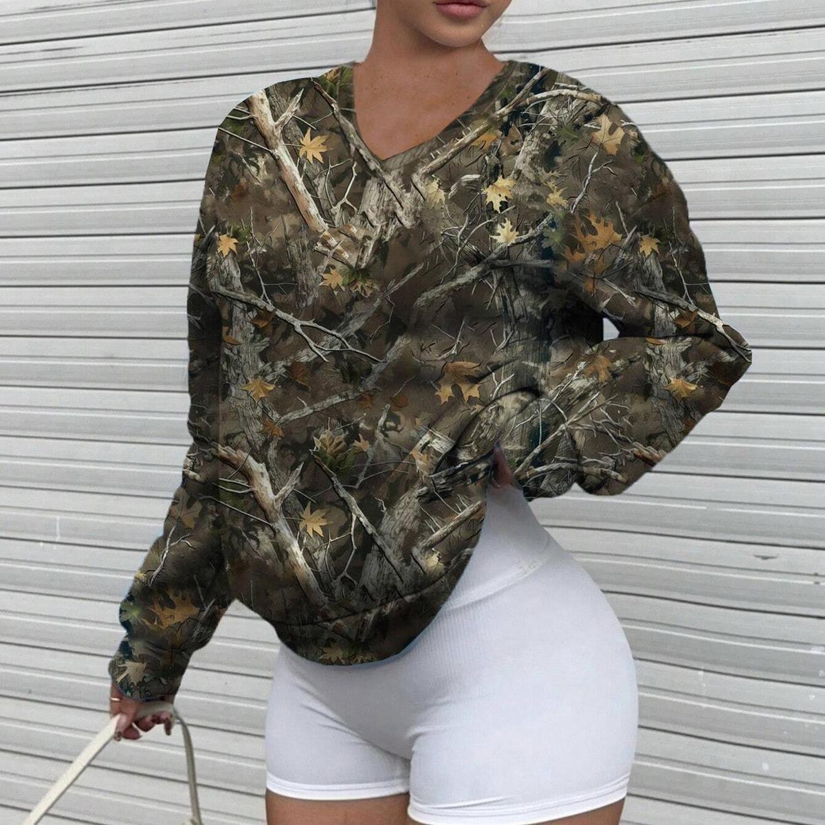 Women Casual Loose Camouflage Pattern Printed V-Neck Long Sleeve Sweatshirt