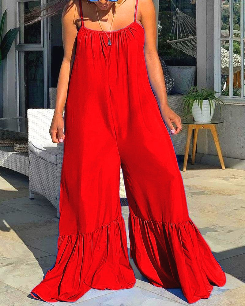 Women Casual Loose Plus Size Solid Color Sleeveless Ruffled Jumpsuits