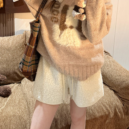 Women Fashion Casual Lamb Fleece High-Waist Wide Leg Shorts