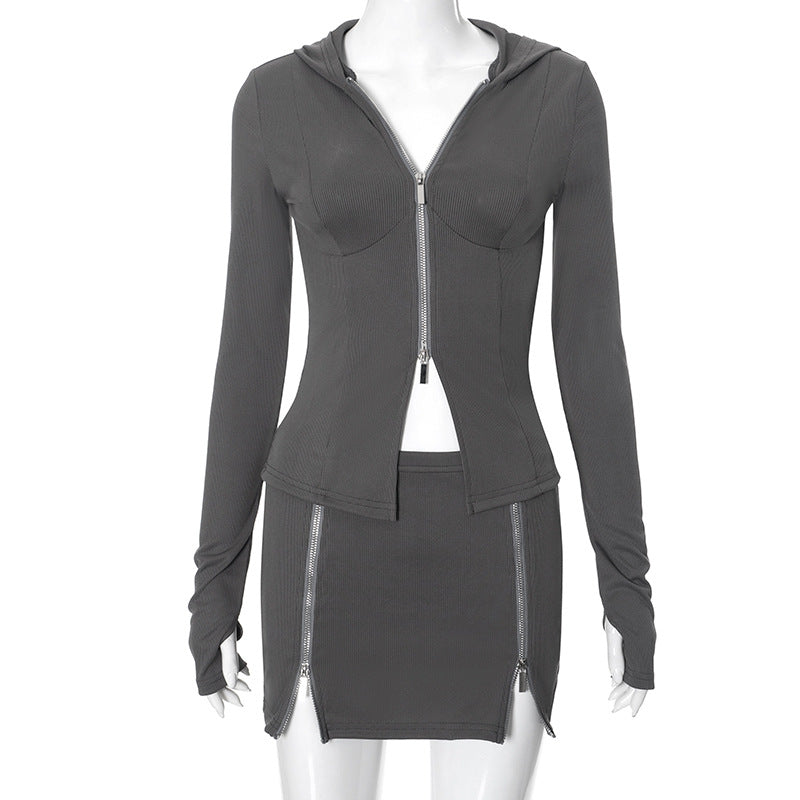 Conjunto de dos piezas formado por top y falda ajustada, manga larga y cremallera, informal, a la moda para mujer