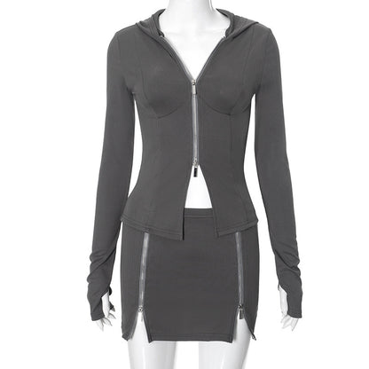 Conjunto de dos piezas formado por top y falda ajustada, manga larga y cremallera, informal, a la moda para mujer