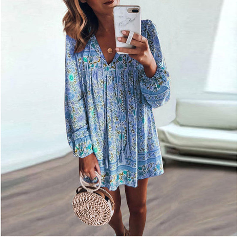 Vestido corto playero bohemio con estampado floral para mujer, informal, holgado, con borlas y cordones, para verano