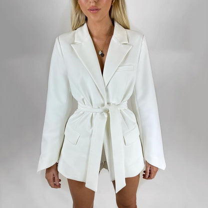 Blazer informal de manga larga con solapa y cordones para mujer, color liso, a la moda