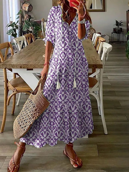 Women Casual Loose V Neck Floral Maxi Dress