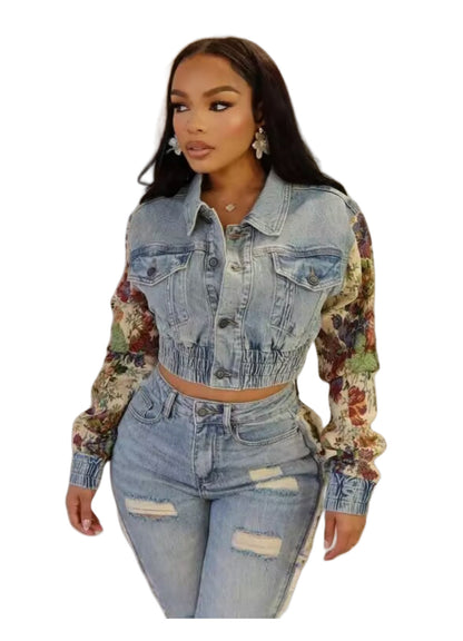 Chaqueta vaquera elástica con solapa estampada informal para mujer