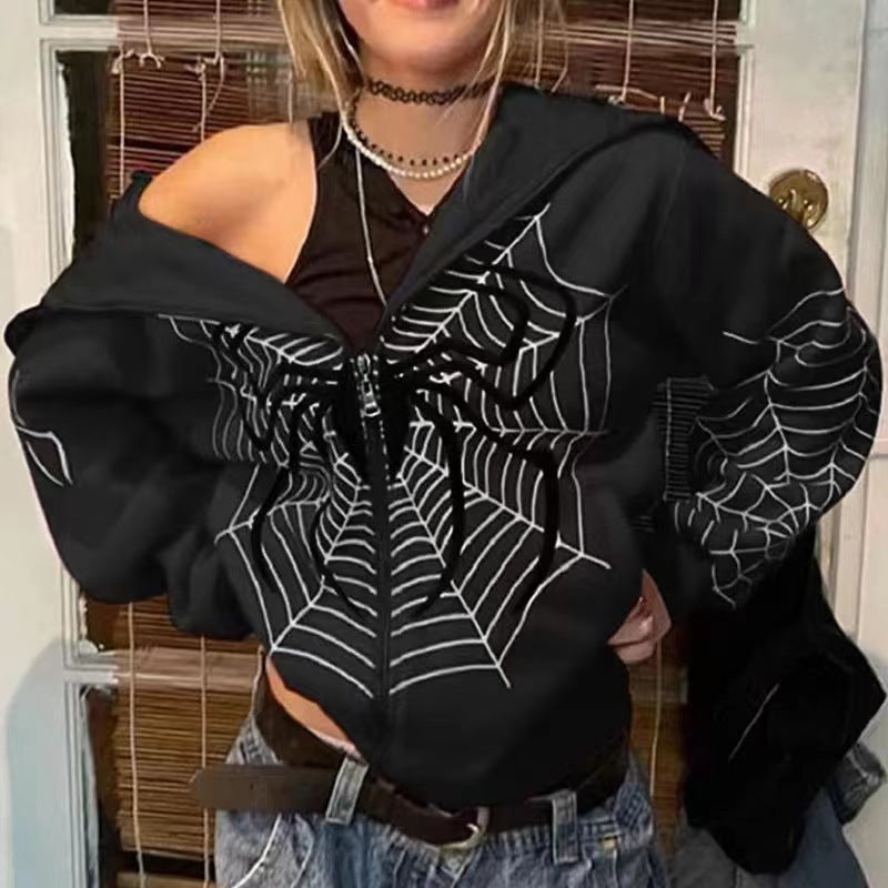 Sudadera holgada con cremallera y estampado de telaraña para hombre y mujer, estilo informal, a la moda urbana