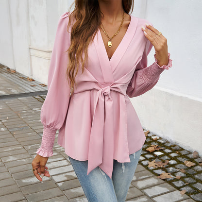 Blusa elegante informal de color liso con cuello en V y manga larga con cordones para mujer