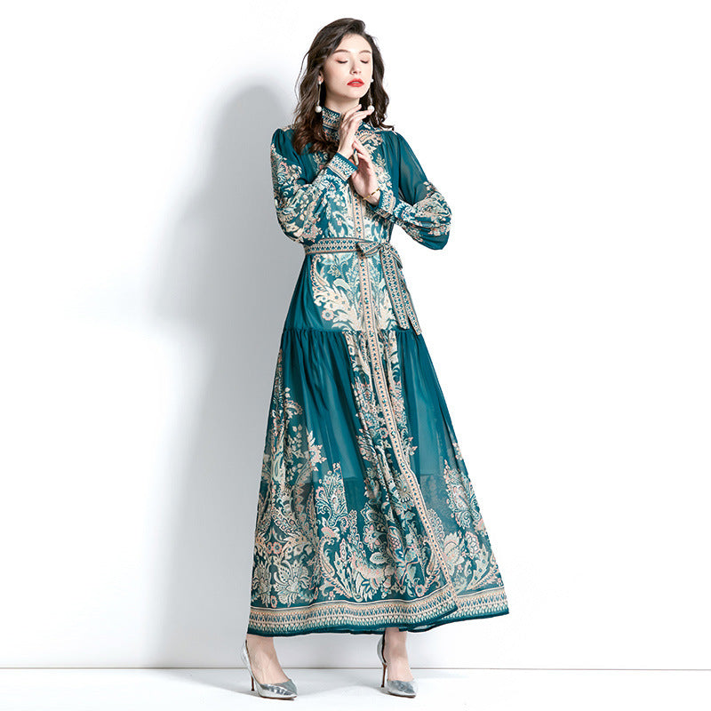 Women Elegant Retro Casual Chiffon Long-Sleeved Stand Collar Lantern Sleeve Tie-Up Print Dress