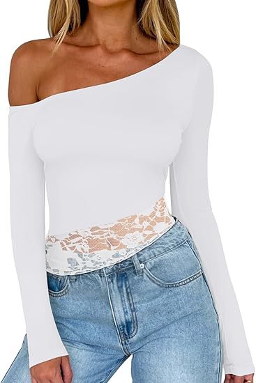 Camiseta informal de manga larga con hombros descubiertos y encaje de color liso para mujer