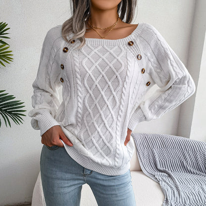 Autumn Winter Women Fashion Casual Square Collar Nail Twist Knitted Sweater