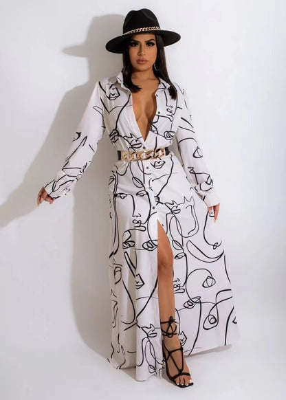 Vestido camisero informal holgado con estampado de rostro abstracto y manga larga de otoño