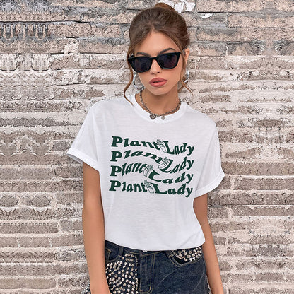 Camiseta informal de verano para mujer con estampado de letras, cuello redondo y manga corta