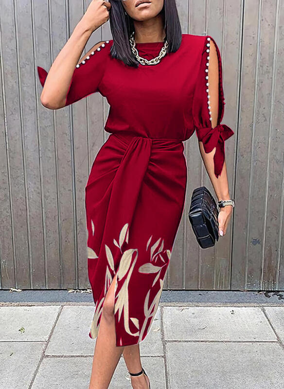 Vestido elegante de mujer con cintura alta, informal, con aberturas laterales y hombros descubiertos