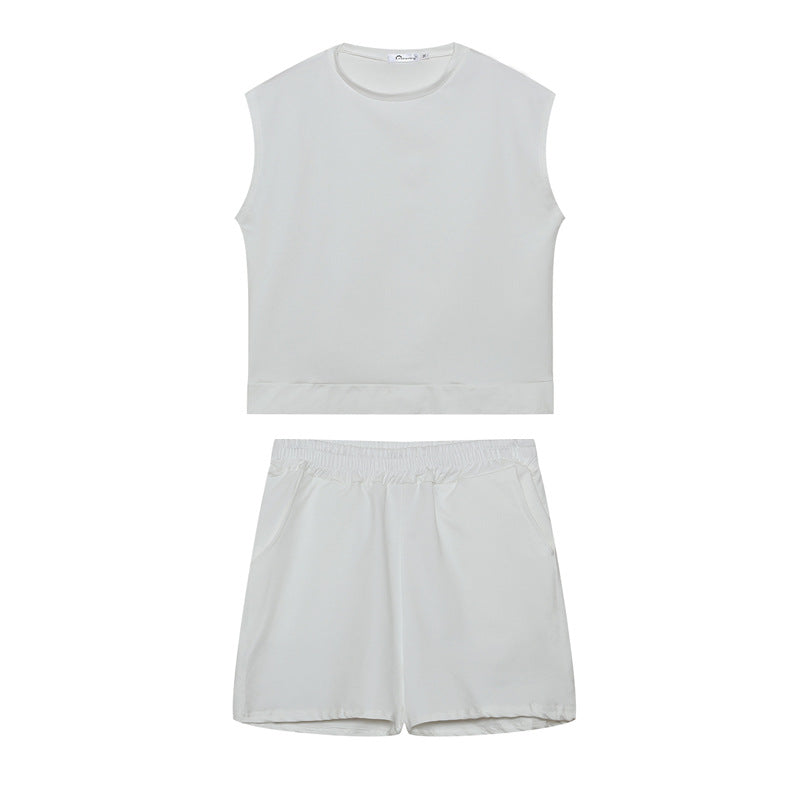 Conjunto de dos piezas de top y pantalones cortos sin mangas informales de color liso para mujer