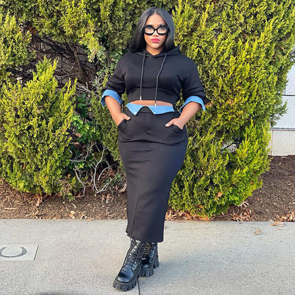 Conjunto de dos piezas formado por sudadera y falda dividida, manga larga, costura vaquera, informal, para mujer, otoño e invierno