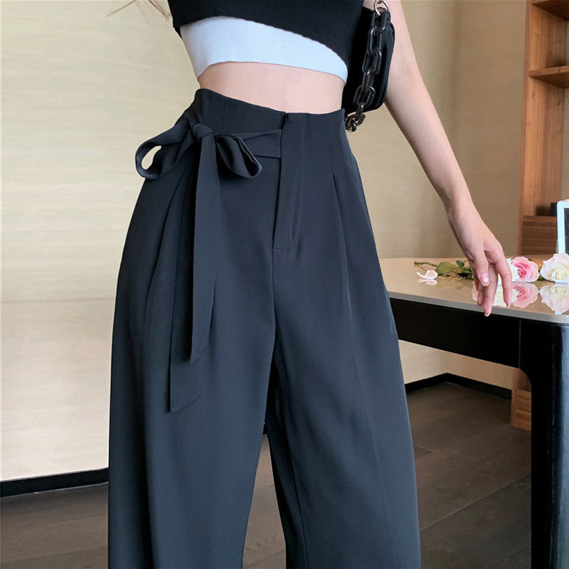 Women Fashion Casual Solid Color Bowknot Office Chic Wide Leg Pants