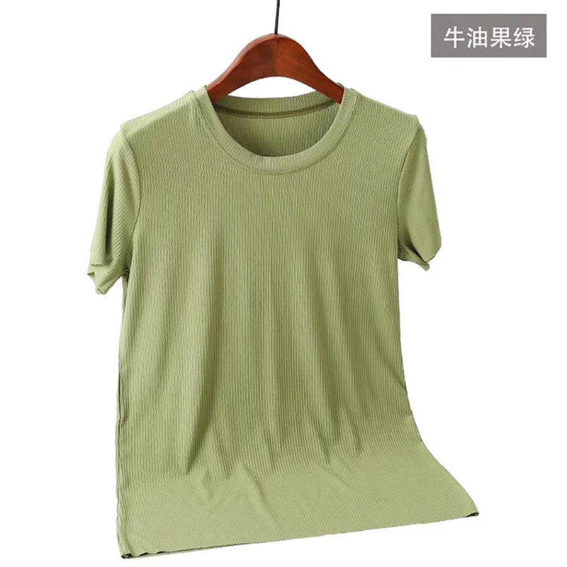 Camiseta informal de verano para mujer, de color liso, con cuello redondo y manga corta en blanco