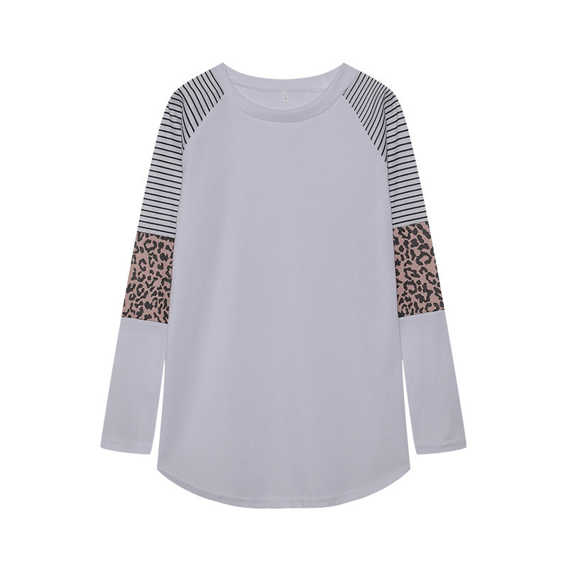 Camiseta informal de manga larga con cuello redondo y rayas de leopardo para mujer de otoño