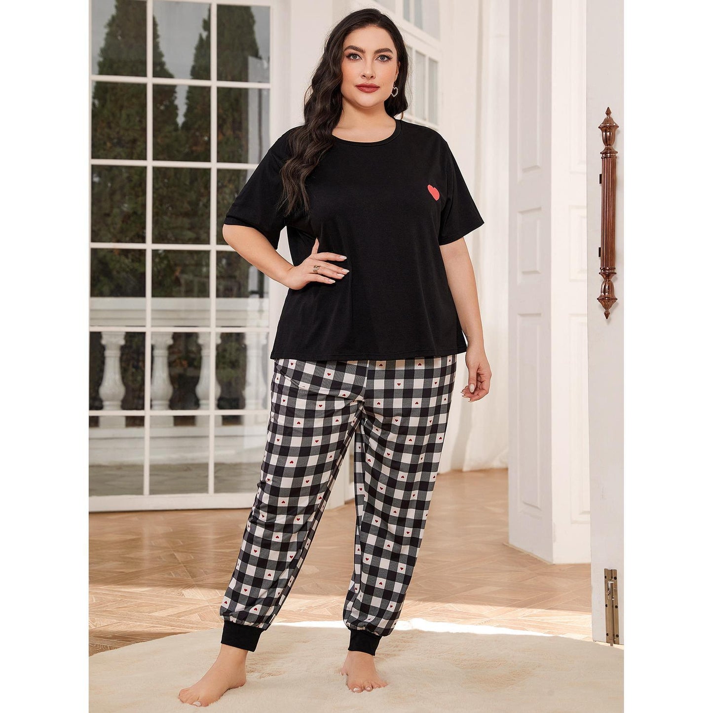 Conjunto de pijama informal de manga corta con estampado a cuadros para mujer, talla grande