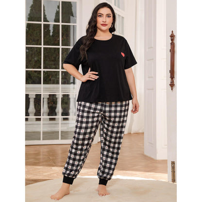 Conjunto de pijama informal de manga corta con estampado a cuadros para mujer, talla grande