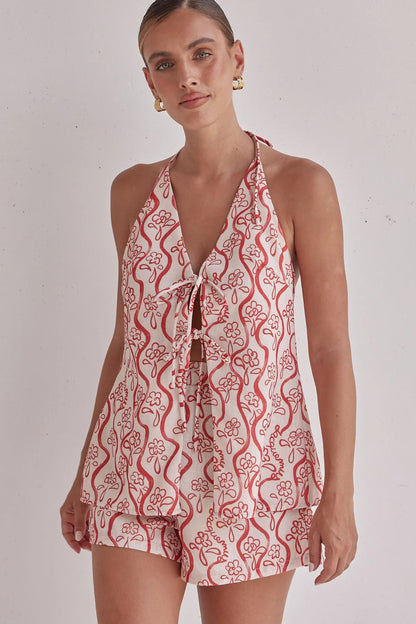 Conjunto de dos piezas para mujer, informal, de vacaciones, con estampado floral, espalda descubierta, con cordones y pantalones cortos sueltos