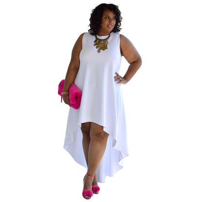 Women Fashion Casual Plus Size Loose Solid Color Round Neck Sleeveless Irregular Skirt Dress